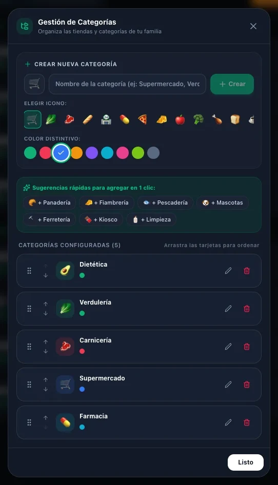 Gestión de categorías con ícono y color